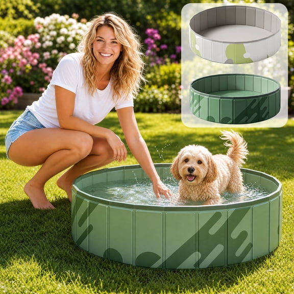 AHGQT Foldable Dog Pool for Large Dogs, 32" Hard Plastic Pet Swimming Pool, Heavy Duty 0.5mm PVC with Non-Slip Bottom, Portable Summer Backyard Pet Bath Tub for Dog Cat, Cat Ball Pit