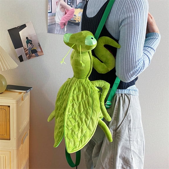 AHGQT Green Mantis Plush Bag, 17" Realistic Funny Leafback Praying Mantis Stuffed Animal, Lifelike Soft Big Wings Insect Backpack, Unique Plush Shoulder Bag for Shoping, Daily Use, Cosplay Decor