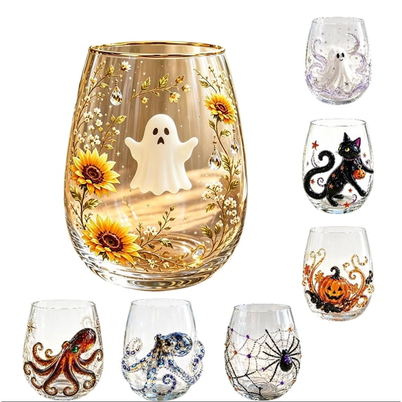 AHGQT Halloween Floral Stemless Ghost Wine Glass, Elegant Spooky Drinking Cup with Gold Rim, Decorative Drinkware Party Cup Holiday Gift for Home Bar Table Decor