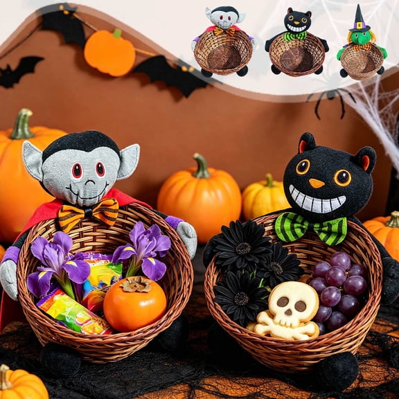 AHGQT Halloween Woven Candy Storage Basket, 8"X5" Plush Witch Cats Vampires Character Decor Bowl, Portable Candies Bowl Sweets Dish Chocolate Cookies Desserts Baskets for Party Table Desk