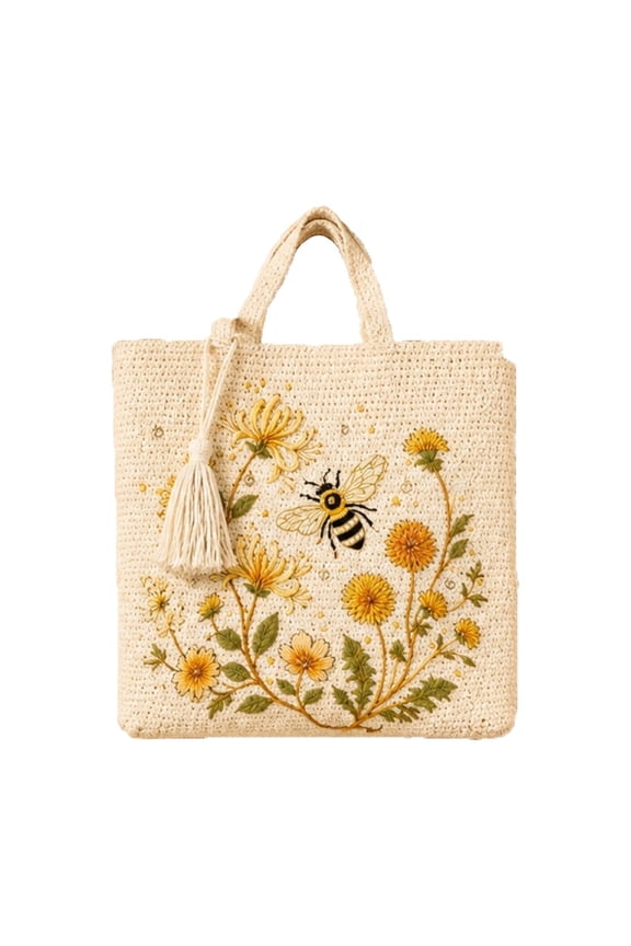 Handmade Crochet Bee Embroidered Tote Bag, Floral Vintage Shoulder Bag, Beach Purse for Women, Garden Morning Bee Canvas Chrysanthemum Tote