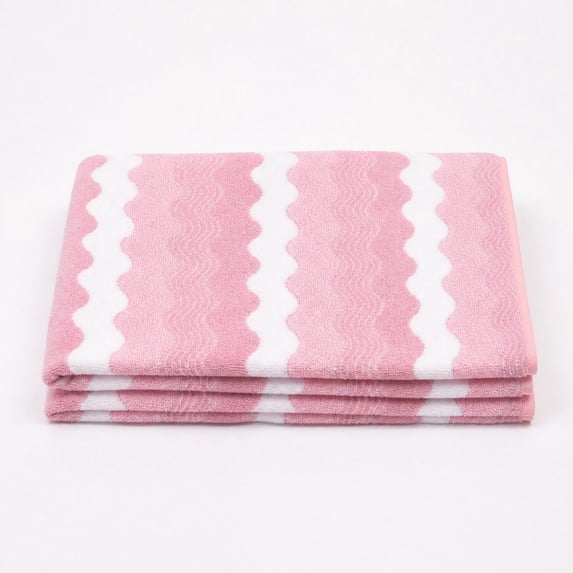 AHGQT Microfiber Bath Towel, 29.5'' x 13.7'' Large Quick Dry Wave Stripe Bathroom Towels, Highly Absorbent Soft Coral Fleece Decorative Towel for Body Shower Gym, 4Pcs, Pink
