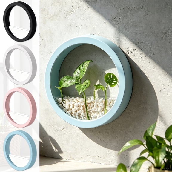 AHGQT Round Wall Mounted Planter, Modern Decorative Circle Iron Vase Wall Terrarium for Indoor Plants, Creative Terrarium Indoor Wall Decor for Living Room Bedroom Office, Blue