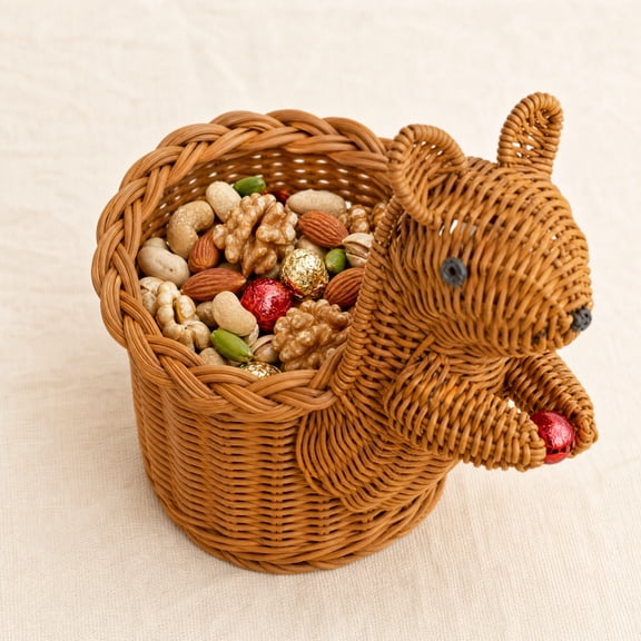AHGQT Squirrel Creative Fruit Basket, 6Inch Rattan Woven Decorative Bowl, Animal Shape Serving Basket for Kitchen Counter Snack and Fruit Holder Living Room Display