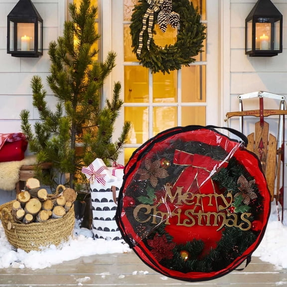 AHGQT Transparent PVC Wreath Storage Bag, 24 Inch Dual Sided Dustproof Organizer with Handle for Christmas Front Door Wreath Holiday Storage, Red