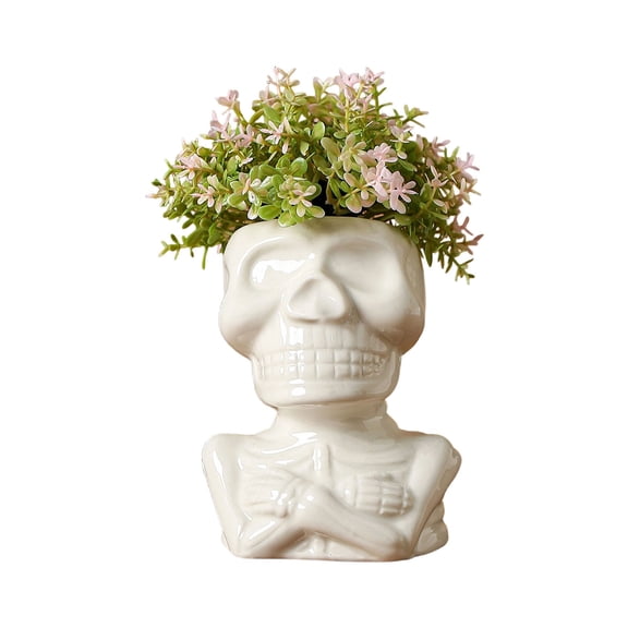 AHGQT White Ceramic Skull Bust Planter, Weather-Resistant Gothic Spooky Succulent Pot, Planters Featuring Skeletal Figures in 4 Poses for Indoor Outdoor Halloween Tabletop Decor