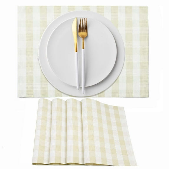 AHHFSMEI placemats set of 4 Woven Heat Resistant Non-Slip Kitchen Table Mats 15 inch, Beige and White Checker