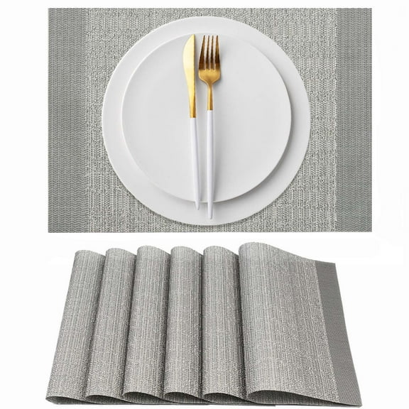 AHHFSMEI placemats set of 6 Woven Heat Resistant Non-Slip Kitchen Table Mats 15 inch, Grey Silver