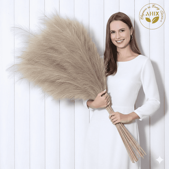 AHIX Artificial Pampas Grass Faux Dried Flowers, 38 inch Tall, 8-Stem Bundle, Beige, Boho Home Décor