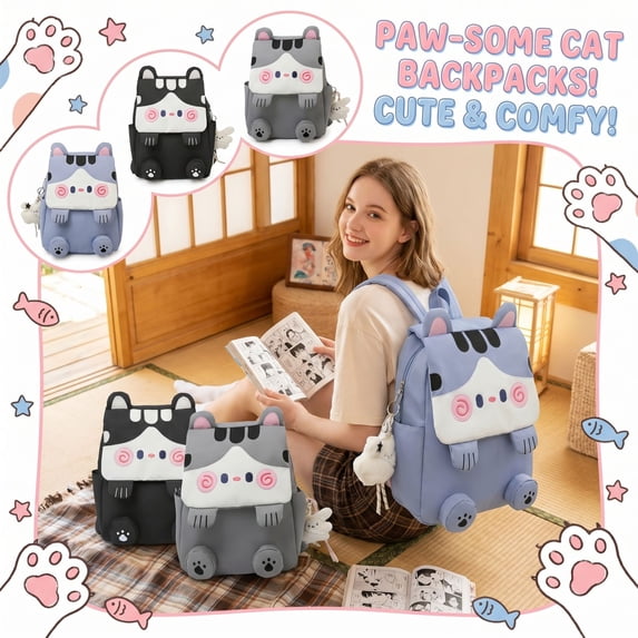AHMOMEI 15" Cute Cat Backpack, Large Capacity Multi Pocket Daypack with Adjustable Shoulder Straps for Picnics, Trips & Leisure Activities