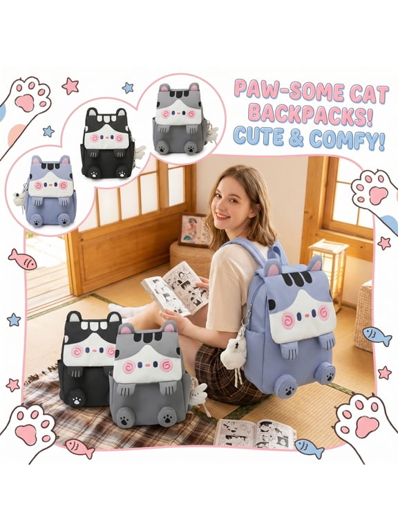 15" Cute Cat Backpack, Large Capacity Multi Pocket Daypack with Adjustable Shoulder Straps for Picnics, Trips & Leisure Activities