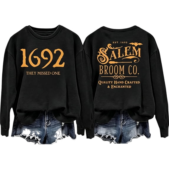 AHMOMEI 1692 They Missed One Halloween Sweatshirt for Women Spooky Season Salem Halloween Witch Top Novelty Fall Winter Festival Cozy Long‑sleeve Crew Neck Sweatshirt