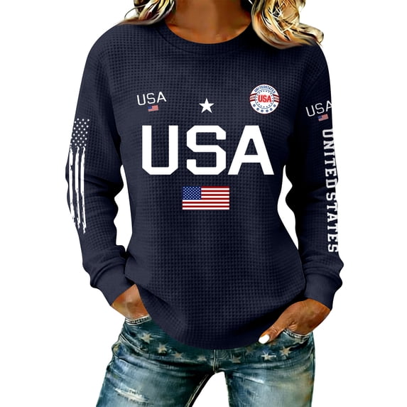 AHMOMEI 250 Anniversary USA Shirt Women's 1776-2026 USA 250th Anniversary Long Sleeve Waffle Knit 4th of July Women Sweatshirts