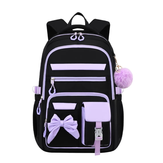 AHMOMEI 3PCS Cute Bow Backpack Set, Aesthetic Casual Daypack with Lunch Bag & Pencil Pouch, Large Capacity Lightweight Travel Rucksack Black