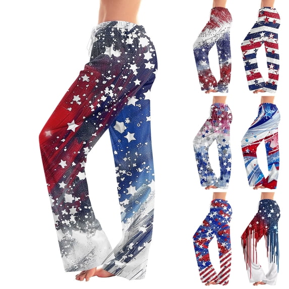 AHMOMEI 4th of July Women Pajama Pant Drawstring Straight Leg Soft Lounge Pants Women Patriotic Lounge Sleep Pant