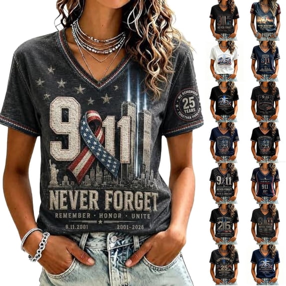 AHMOMEI 911 25th Anniversary Tshirt Women We Will Never Forget 9/11 Shirts American Flag Courage Hope Patriotic Womens Short Sleeve Shirts 6XL