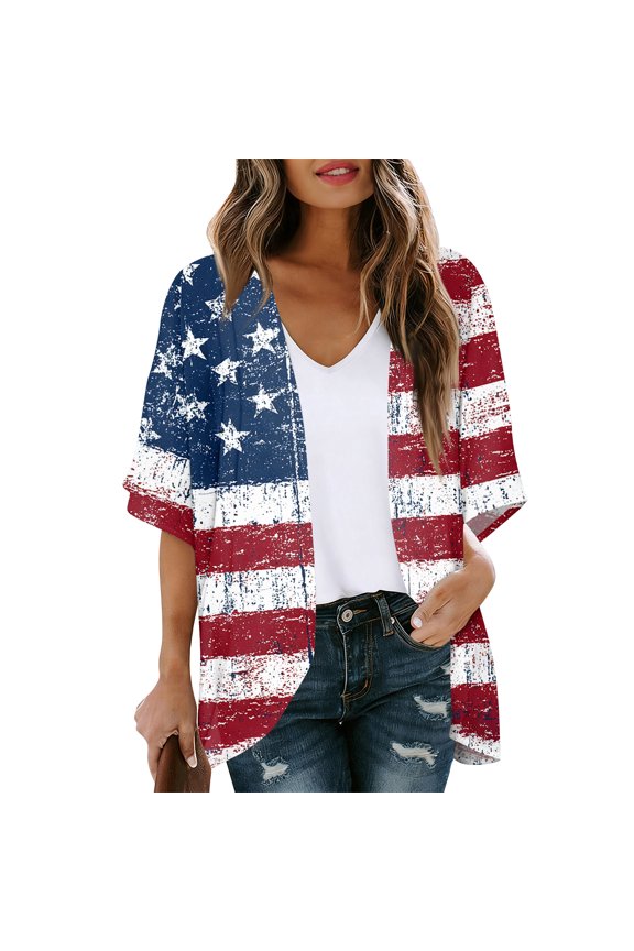 American Flag Lightweight Chiffon Womens Cardigans Short Sleeve Flowy 4th of July Kimono Cover Up Open Front Patriotic Cardigan
