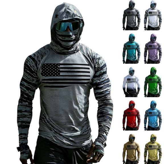 AHMOMEI Camouflage Men's Hooded Sun Shirts UPF 50+ with Face Mask Quick Dry Raglan Long Sleeve Shirt Men Rash Guard Mens UV Protection Shirts