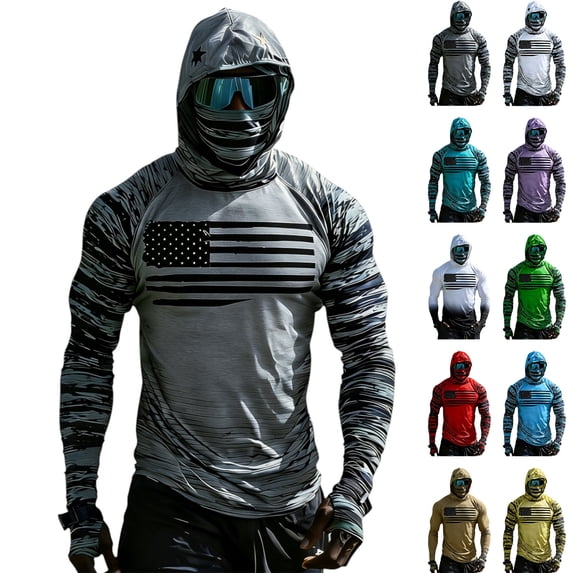 AHMOMEI Camouflage Men's UPF 50+ Hoodie Shirts with Face Mask Quick Dry Raglan Long Sleeve Rash Guard Shirts for Men Sun Protection T Shirts