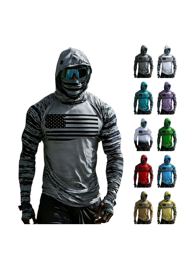 Camouflage Men's UPF 50+ Sun Protection Hoodie with Face Mask Quick Dry Rash Guard Raglan Long Sleeve Shirt Fishing Workout Hiking Lightweight Shirts