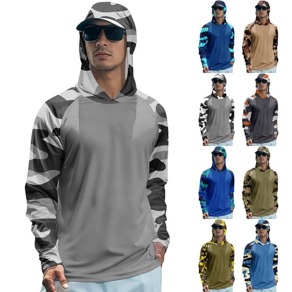 AHMOMEI Camouflage Men's UPF 50+ Sun Protection Hoodie Shirt Quick Dry Raglan Long Sleeve Fishing Swim Rash Guard Shirts Fishing Workout Hiking Lightweight Shirts