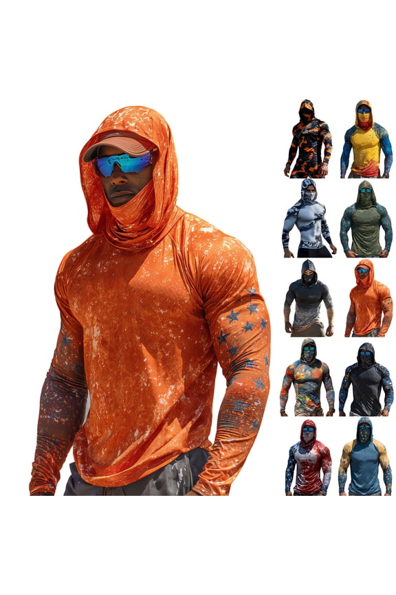 Camouflage Sun Shirt UPF 50+ Men's Fishing Shirt with Face Mask Quick Dry Raglan Long Sleeve Rash Guard Shirts for Men Sun Protection T Shirts