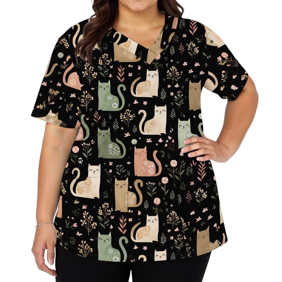 AHMOMEI Cartoon Animal Print Scrub Top Women S-5XL Plus Size Nurses Working Uniforms with Pocket Stretchy V Neck Short Sleeve Scrub Tops