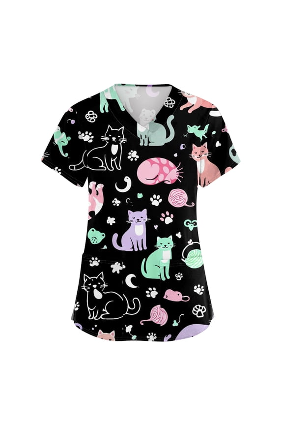 Cartoon Animal Print Scrub Top for Woman S-5XL Plus Size Nurse Uniform with Pocket V Neck Short Sleeve Scrubs Top
