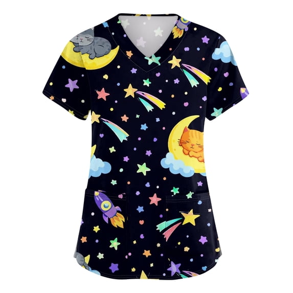 AHMOMEI Cartoon Animal Print Scrubs Top for Women S-5XL Plus Size Women Nurse Uniform with Pocket V Neck Short Sleeve Women Scrubs Top