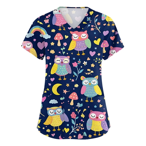 AHMOMEI Cartoon Animal Print Scrubs Tops S-5XL Plus Size Nurses Working Uniforms with Pocket V Neck Short Sleeve Scrubs Top