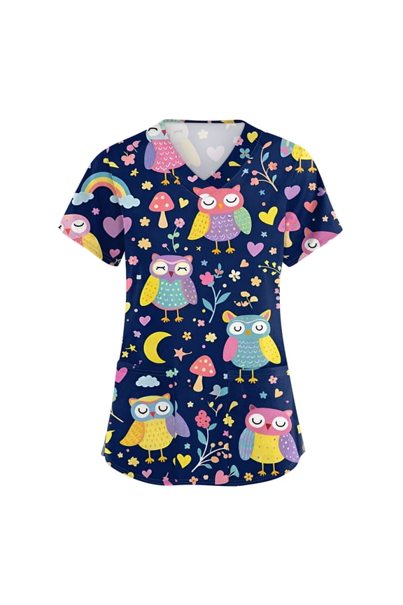 Cartoon Animal Print Scrubs Tops S-5XL Plus Size Nurses Working Uniforms with Pocket V Neck Short Sleeve Scrubs Top