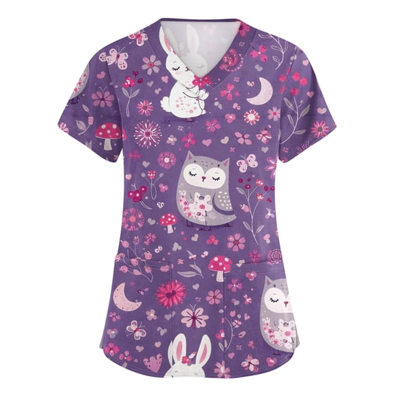 AHMOMEI Cartoon Animal Print Scrubs Tops S-5XL Plus Size Women’s Nurse Uniforms with Pocket V Neck Short Sleeve Women Scrub Tops