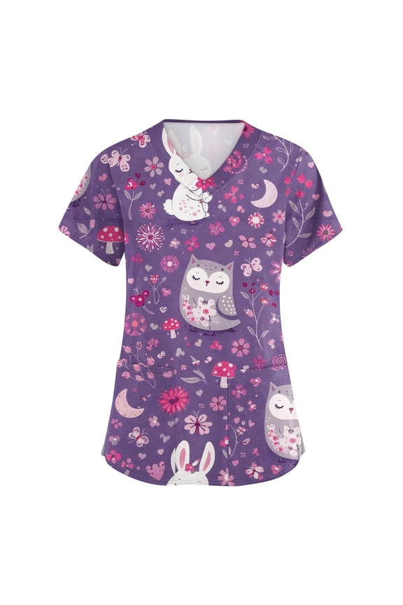 Cartoon Animal Print Scrubs Tops S-5XL Plus Size Women’s Nurse Uniforms with Pocket V Neck Short Sleeve Women Scrub Tops