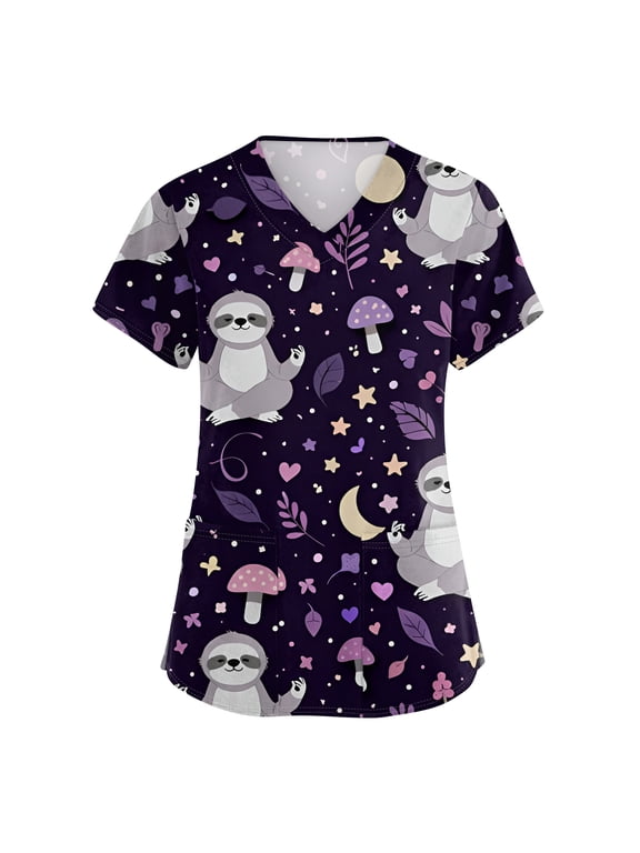 Cartoon Animal Print Scrubs Tops for Women S-5XL Plus Size Nurse Working Uniforms with Pocket V Neck Short Sleeve Scrub Shirts for Women