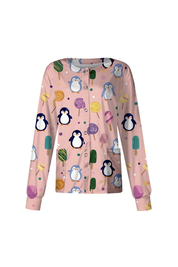Cartoon Animal Print Women Scrub Jacket S-5XL Plus Size Nurse Working Uniforms with Pocket Stretchy Warm Up Snap Front Women Scrub Tops