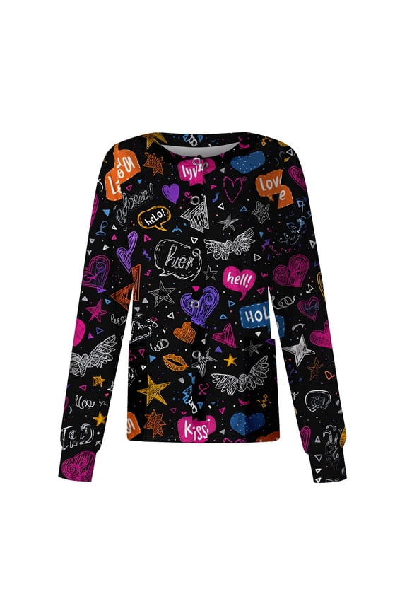 Cartoon Animal Print Womens Scrub Jacket S-5XL Plus Size Nurse Uniform with Pocket Stretchy Warm Up Snap Front Scrub Shirts for Women