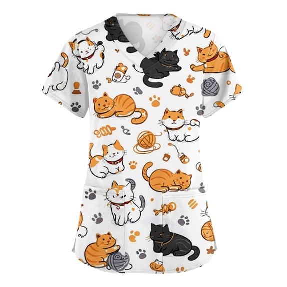 AHMOMEI Cartoon Animal Print Womens Scrub Top S-5XL Plus Size Women’s Nurse Uniforms with Pocket V Neck Short Sleeve Scrubs Top