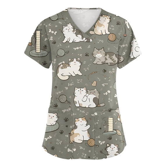 AHMOMEI Cartoon Animal Print Womens Scrub Tops S-5XL Plus Size Nurse Uniforms with Pocket V Neck Short Sleeve Scrubs Top for Women