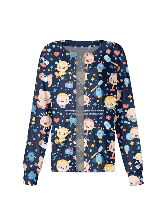 Cartoon Print Jacket Scrubs Women Warm Up Snap Front Nurses Working Uniforms with Pocket S-5XL Plus Size Womens Scrub Top