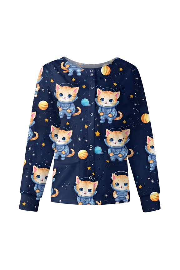 Cartoon Print Nursing Jackets for Women Warm Up Snap Front Nurse Working Uniforms with Pocket S-5XL Plus Size Scrubs for Women