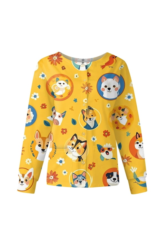 Cartoon Print Scrub Jacket for Women Warm Up Snap Front Nurse Uniform with Pocket S-5XL Plus Size Scrub Shirts for Women