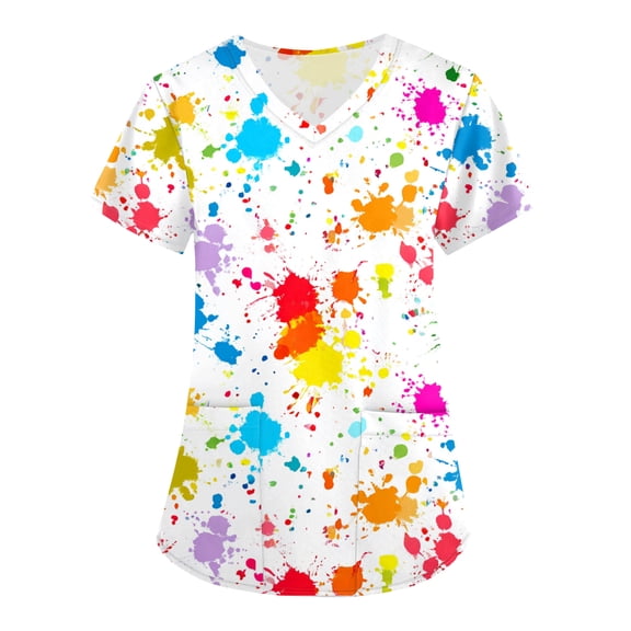 AHMOMEI Cartoon Print Scrub Tops V Neck Short Sleeve Nurse Uniforms with Pocket S-5XL Plus Size Scrub Top Women