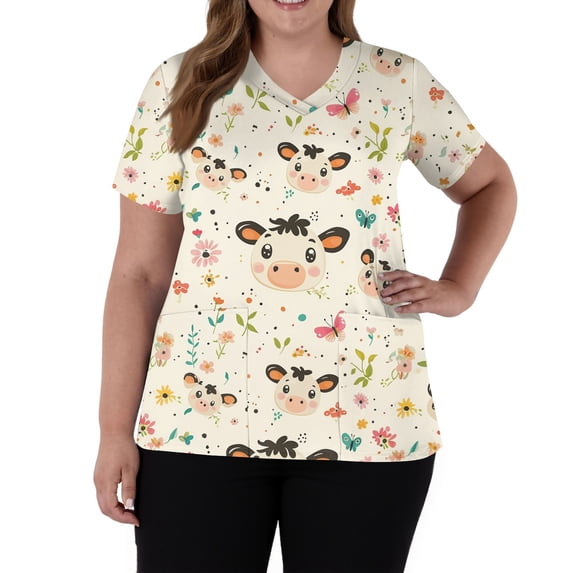 AHMOMEI Cartoon Print Scrub Tops Women Stretchy V Neck Short Sleeve Nurse Uniforms with Pocket S-5XL Plus Size Scrubs Top for Women