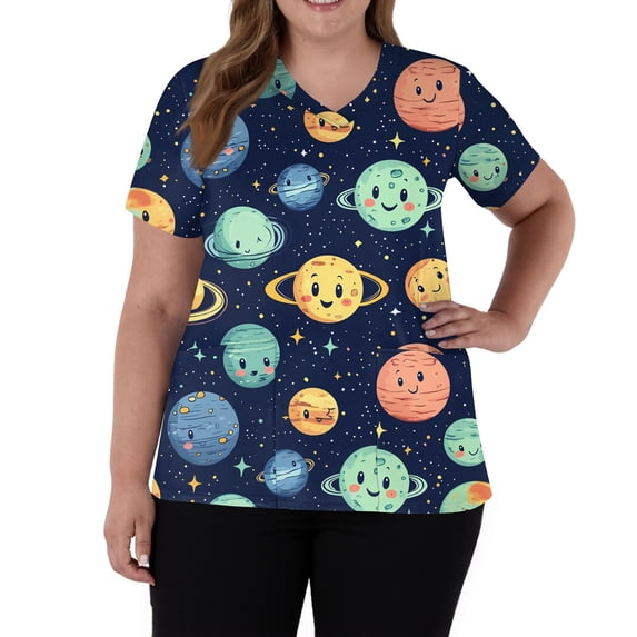 AHMOMEI Cartoon Print Scrub Tops for Women V Neck Short Sleeve Nurses Working Uniforms with Pocket S-5XL Plus Size Scrubs Top