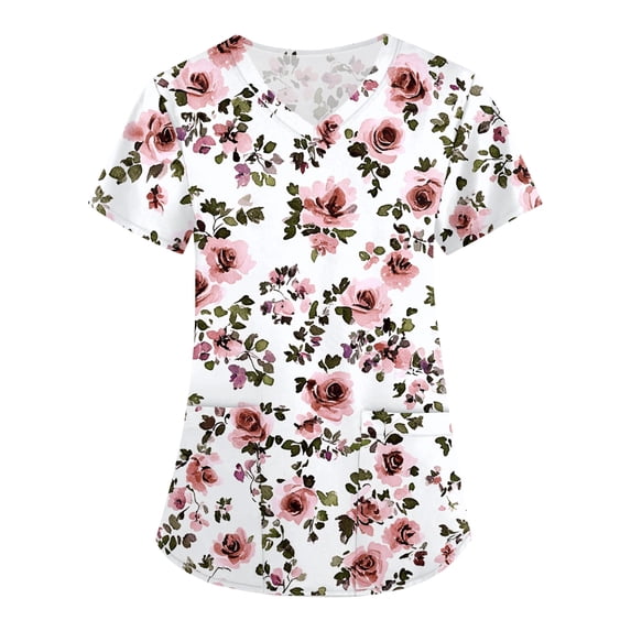 AHMOMEI Cartoon Print Scrubs Tops V Neck Short Sleeve Nurse Uniform with Pocket S-5XL Plus Size Scrubs Top for Women