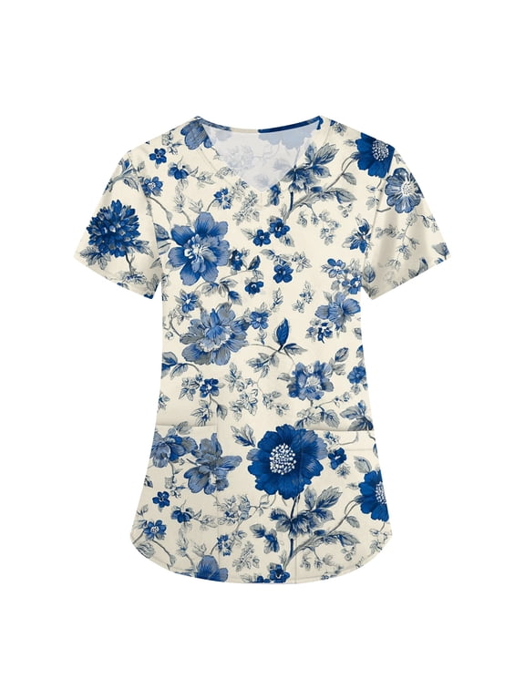 Cartoon Print Scrubs Tops V Neck Short Sleeve Nurse Working Uniforms with Pocket S-5XL Plus Size Scrubs Top