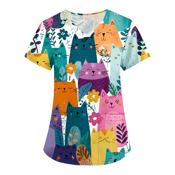 AHMOMEI Cartoon Print Scrubs Tops V Neck Short Sleeve Women Nurse Uniform with Pocket S-5XL Plus Size Scrubs Tops