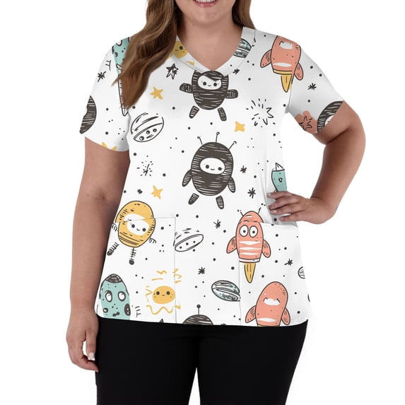 AHMOMEI Cartoon Print Scrubs Tops for Women V Neck Short Sleeve Women's Nurse Uniform with Pocket S-5XL Plus Size Top Scrubs for Women