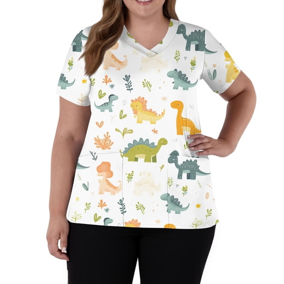 AHMOMEI Cartoon Print Scrubs for Women V Neck Short Sleeve Women's Nurse Uniform with Pocket S-5XL Plus Size Women Scrub Top