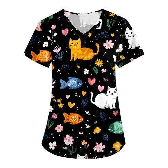 AHMOMEI Cartoon Print Scrubs for Women V Neck Short Sleeve Women’s Nurse Uniforms with Pocket S-5XL Plus Size Womens Scrubs Tops